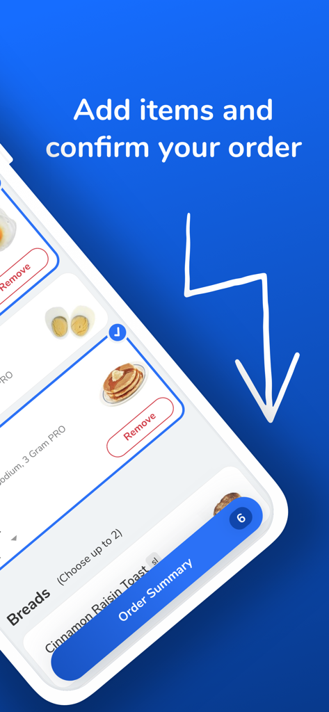 CBORD Patient - CBORD Patient app interface for adding meal items and viewing the order summary