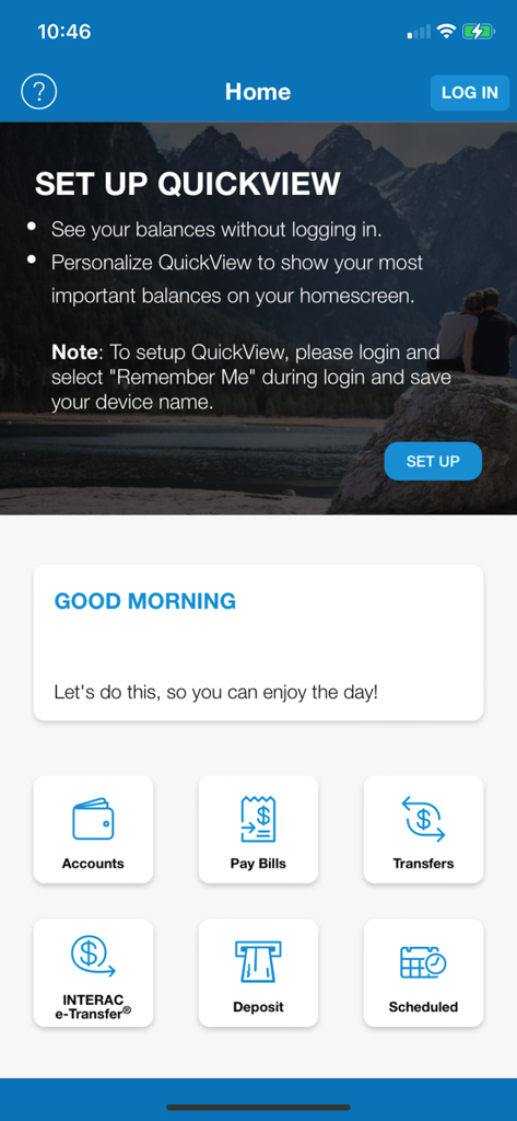 Coastal Community Credit Union mobile app home screen showing the QuickView setup banner and banking service icons