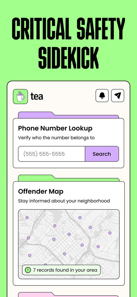 Interface of the Tea Dating Advice app showing phone number lookup and offender map features.