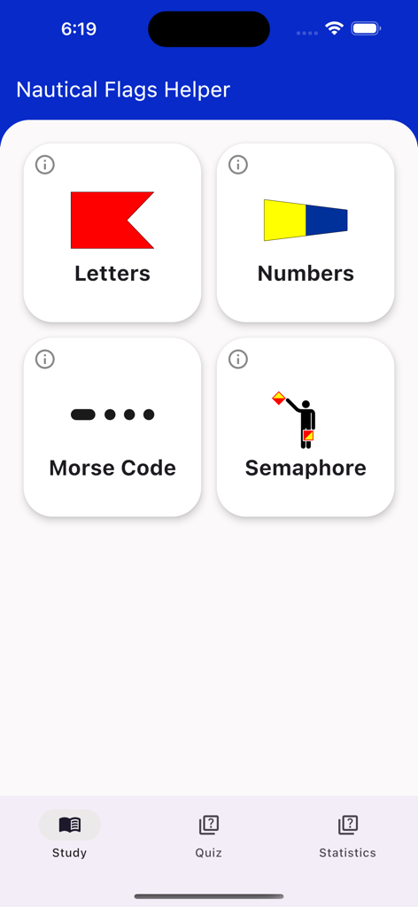 Nautical Flags Helper - Study menu of the Nautical Flags Helper app with letters numbers morse code and semaphore sections