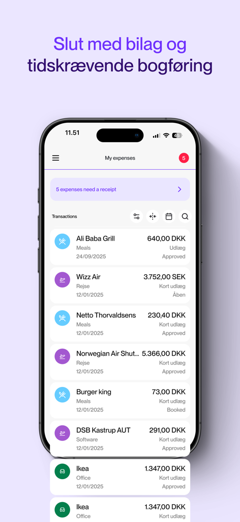 Zenegy Expense mobile app interface showing a list of business transactions and their approval status