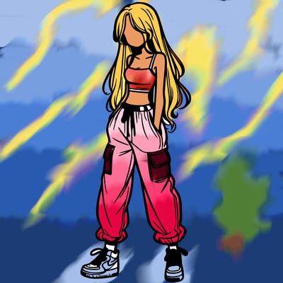 girl in baggy pants crop top and long hair