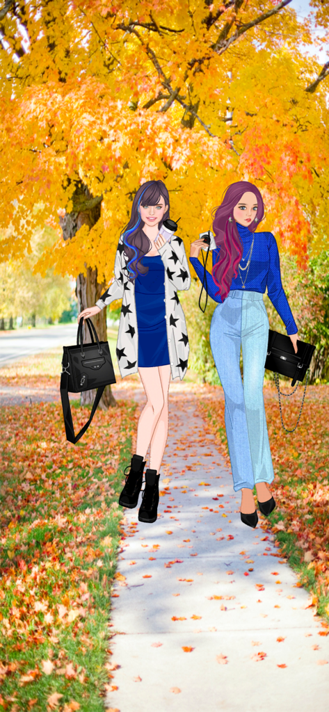 Autumn fashion dress up game - Dos chicas elegantes con conjuntos de otoño chic caminando por un parque con vibrantes árboles amarillos otoñales.