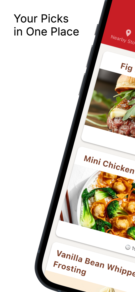 App screen displaying a personalized list of saved Trader Joe's product picks and recipes