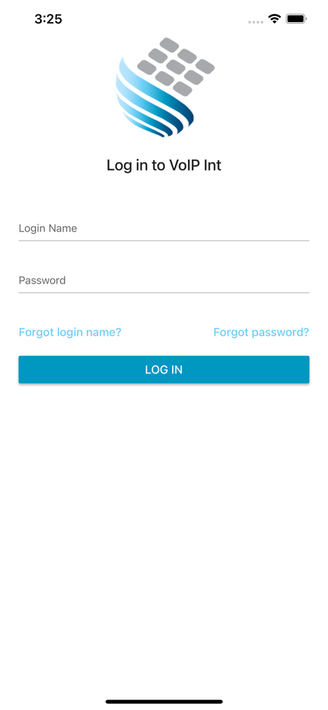 VoIP Int - Pantalla de inicio de sesión de la aplicación móvil VoIP Int con campos de nombre de usuario y contraseña y un botón de inicio de sesión.