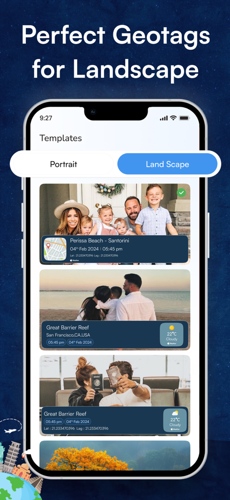 Timestamp Camera: GPS Stamp - Mobile app interface showing landscape orientation templates for photos with GPS and timestamp overlays.