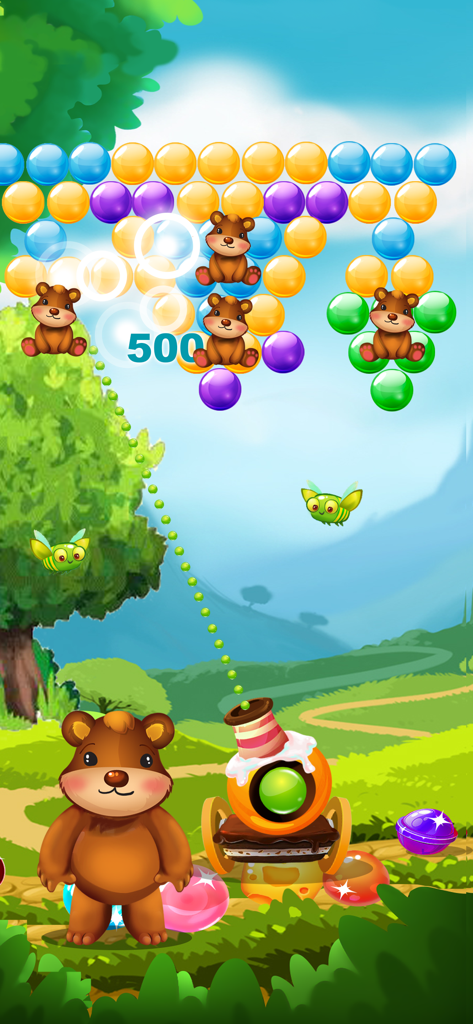 Bubble Candy: Bubble Shooting - A cute bear aims a bubble cannon at colorful candy bubbles in a vibrant landscape.