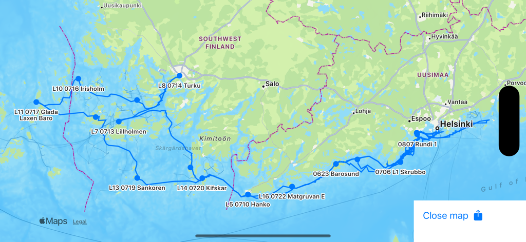Map view displaying multiple blue GPS routes and waypoints along a coastline