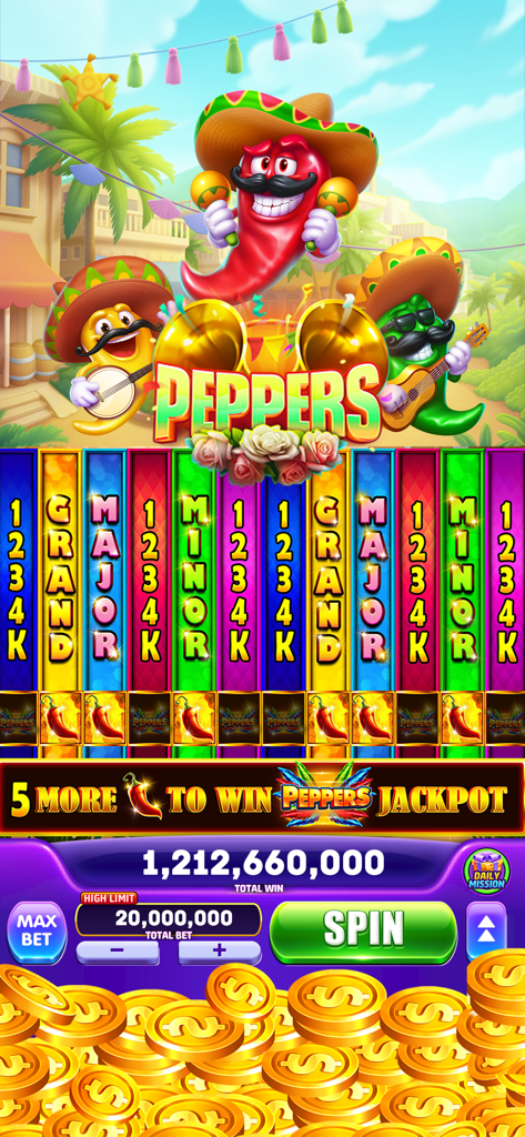 Jackpot Winner Casino Slots - A Mexican peppers themed slot machine in Jackpot Winner Casino with large coin rewards