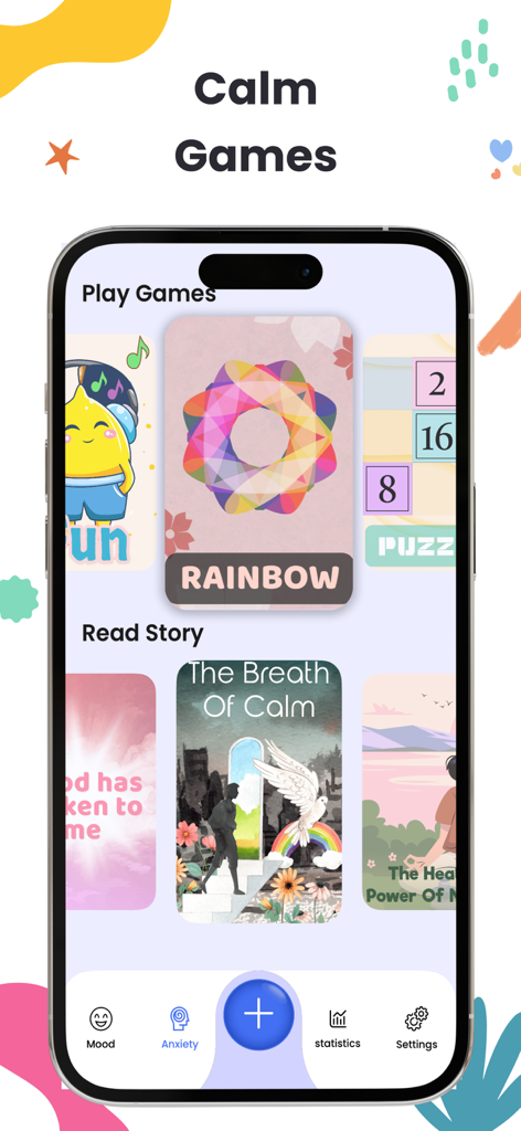 Mood Tracker & Daily Planner. - Interfaccia dell'app Mood Tracker che presenta giochi di rilassamento e storie di meditazione.