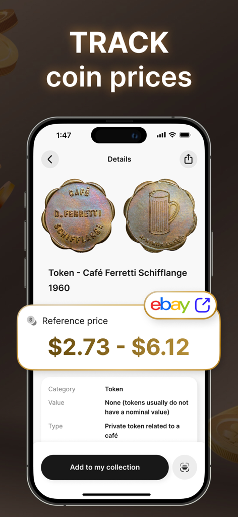 Captura de pantalla de la aplicación móvil que muestra el valor de mercado y los detalles de precios de una ficha vintage con integración de eBay