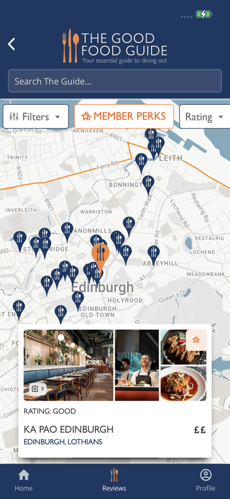 Good Food Guide - A screenshot of The Good Food Guide mobile app showing a map of Edinburgh with restaurant pins and a detailed preview for Ka Pao Edinburgh.