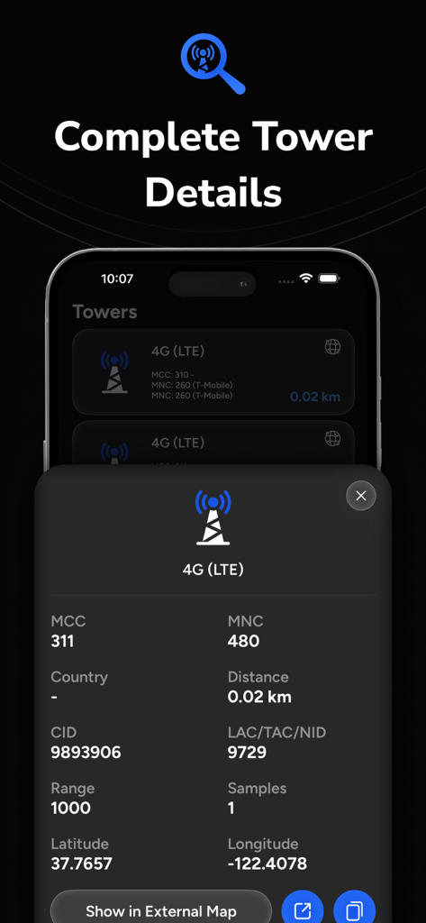 Cell Tower Locator - CellScope - Detailed technical data of a 4G LTE cell tower showing coordinates and signal information.