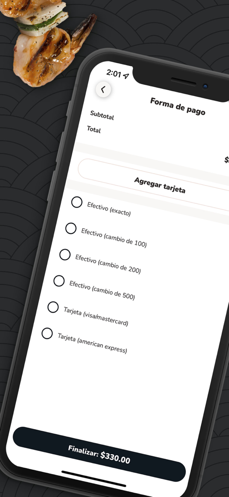 Izakaya Sushi - Izakaya Sushi app checkout screen showing various cash and credit card payment options