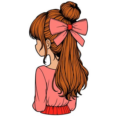 realistic girl  with hip length hair a bun and a big bow on the back of head