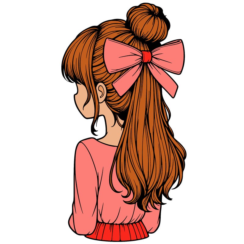realistic girl  with hip length hair a bun and a big bow on the back of head
