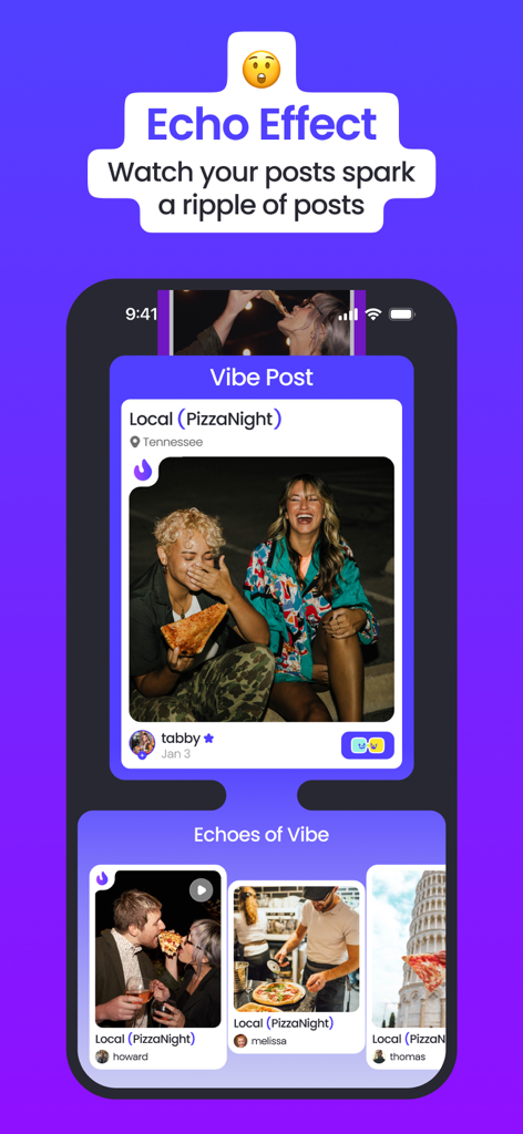 Viberse: A New Way to Social - Viberse app interface showing the Echo Effect where one post sparks a ripple of related user content