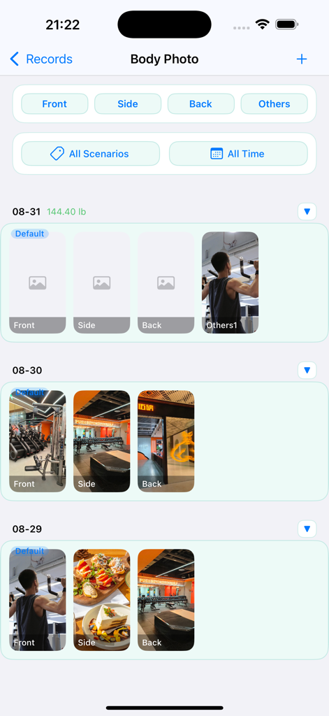 16:8 Fasting & Weight Tracker - Body progress photo gallery in the xWeight app showing photos organized by date and pose
