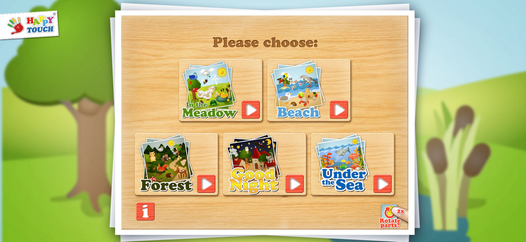 Category selection screen for a toddler puzzle app featuring meadow beach forest and underwater themes