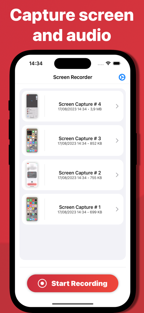 Mobile screen recorder interface showing captured videos and a start recording button