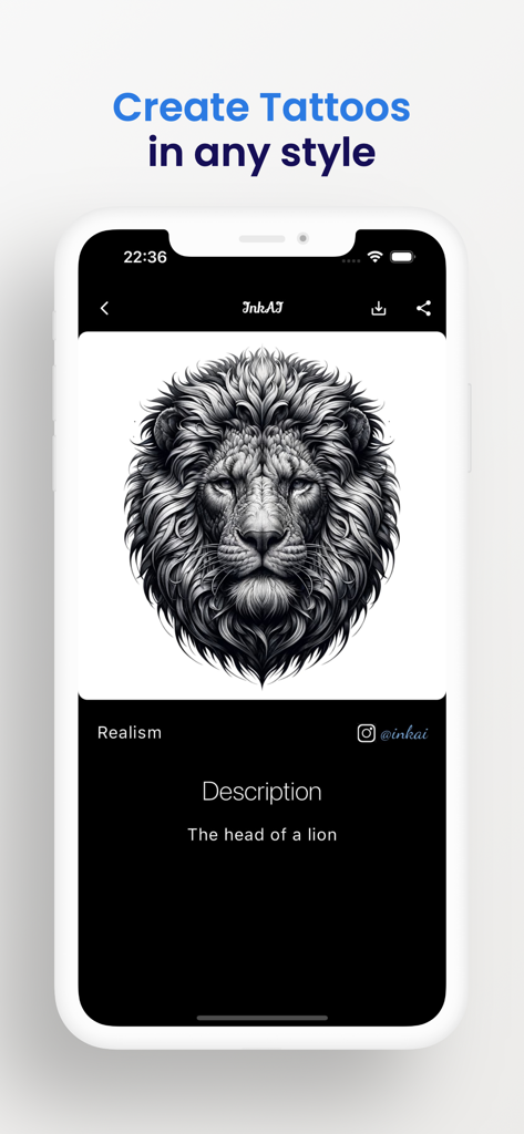 InkAI: Tattoo Designs Creator - Ein hochdetailliertes Tattoo-Design eines Löwenkopfes im Realismus-Stil auf der Creator-Oberfläche der InkAI-App