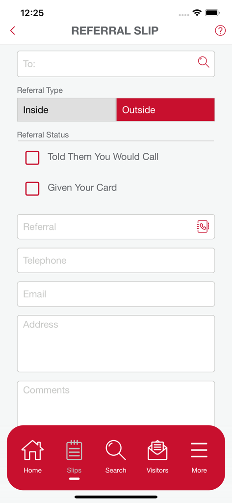 BNI Connect® Mobile - The referral slip form screen in the BNI Connect Mobile app