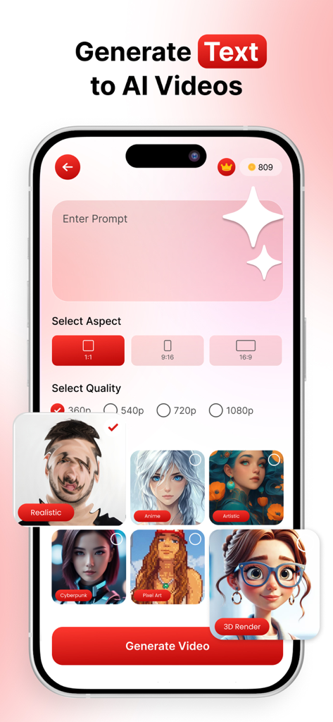 Interfaz de la aplicación Photobooth para generar videos con IA a partir de indicaciones de texto con varias opciones de estilo artístico