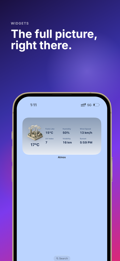 Widget météo de l'application Atmos sur l'écran d'accueil d'un iPhone présentant une ville miniature et les conditions actuelles