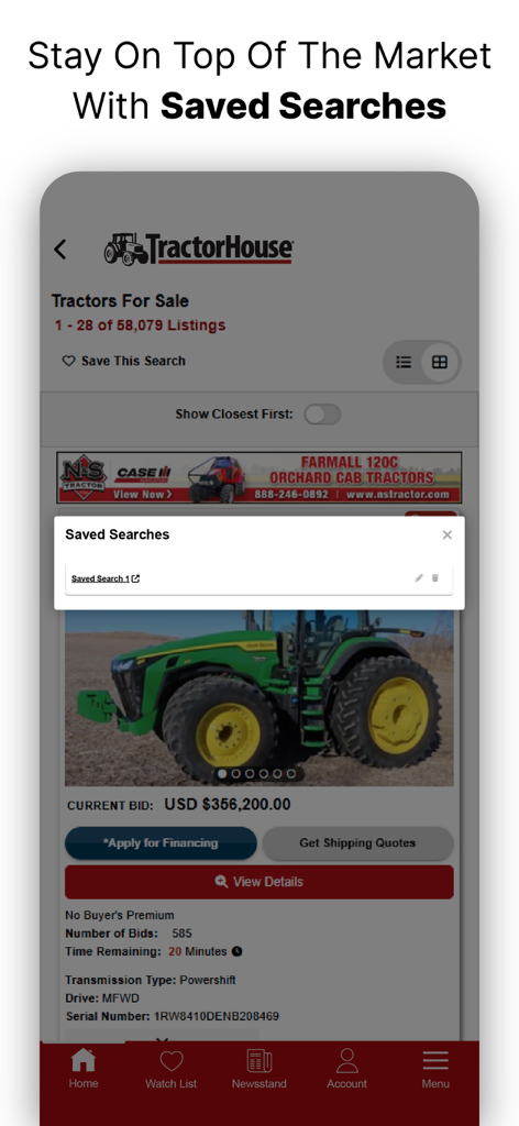 TractorHouse: Farm Equipment - TractorHouse app interface highlighting the saved searches feature for tracking farm equipment listings