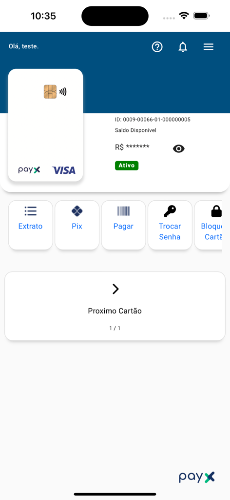 Tableau de bord de l'application PayX montrant une carte Visa virtuelle et des options de transaction financière comme Pix et les paiements en portugais.