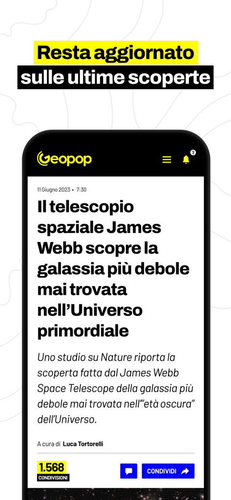 Geopop app screenshot showing a science article about a discovery by the James Webb Space Telescope