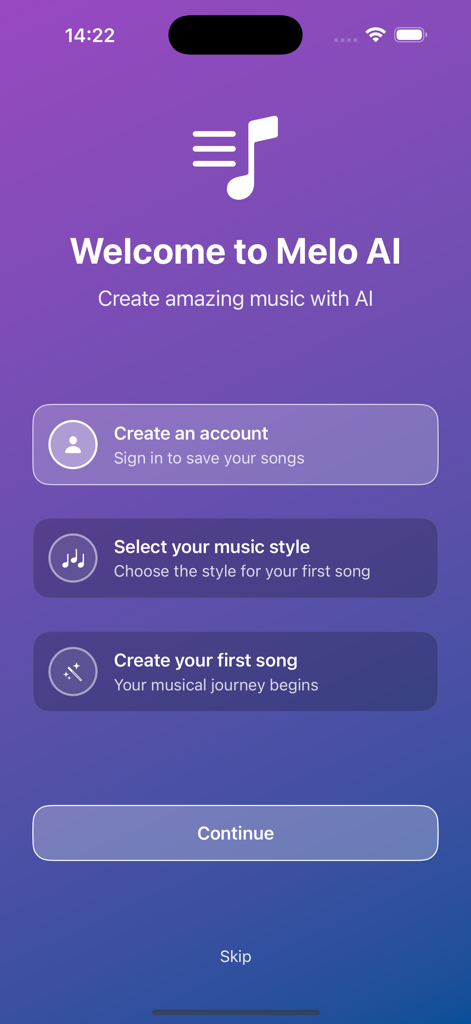 Melo - AI Song Generator - Tela de boas-vindas do aplicativo Melo AI Song Generator com etapas de integração.