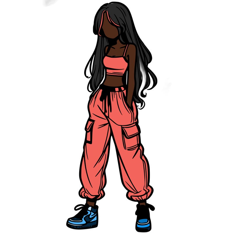 girl in baggy pants crop top and long hair