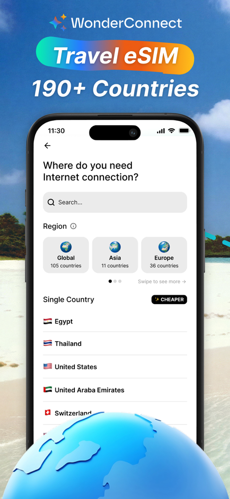 WonderConnect app screen showing travel eSIM data plans for multiple regions and countries