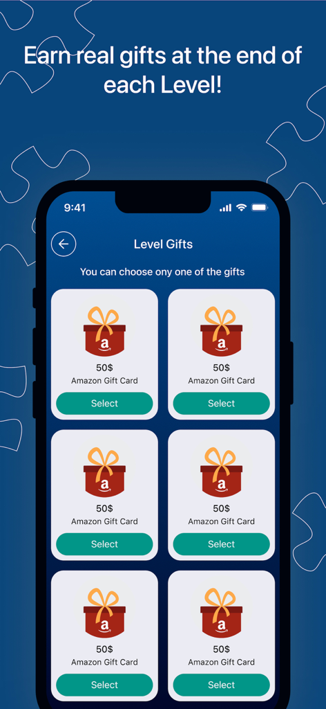 Brainzy - Brainzy app screen showing level gifts selection with 50 dollar Amazon gift cards as rewards.