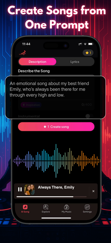 MelodyAI:AI Song & Music Maker - Interface of MelodyAI app showing a text prompt for creating a personalized song