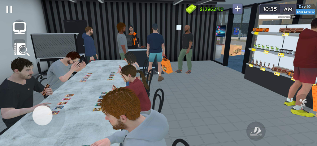 Clientes jugando juegos de cartas en mesas dentro de una simulación de tienda de cartas gestionada.