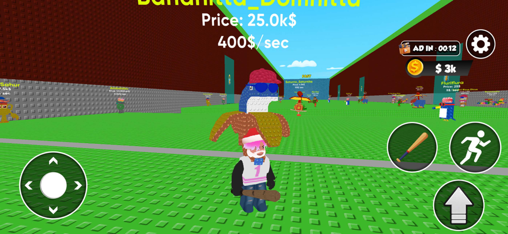 Escape Tsunami For Brainrots - A Roblox style character holding a bat in a blocky 3D game environment with survival controls and currency stats