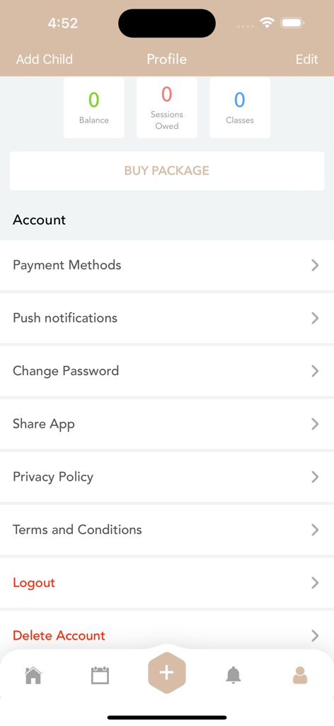 Baan - Profile screen of the Baan Pilates app showing account settings and class balance