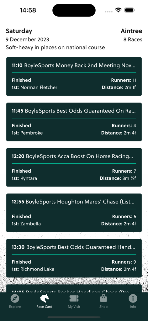 Aintree Racecourse - Aintree Racecourse app showing horse race results and winners on the race card
