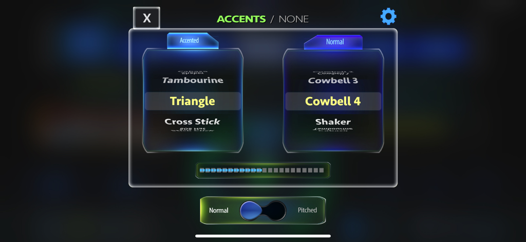 GrooveClixメトロノームのアクセントおよびサウンド選択画面。