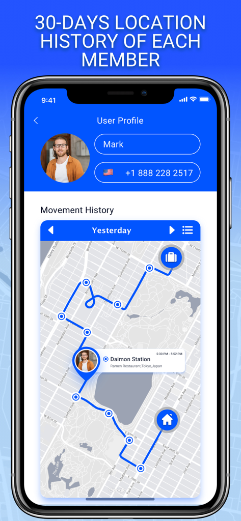 Uma tela de smartphone exibindo o histórico de movimento de um usuário em um mapa com um trajeto de rota azul e pins de localização.
