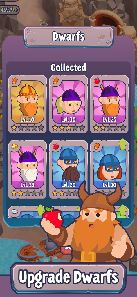 Dwarf Kingdom - Idle Survival - In-game menu of Dwarf Kingdom showing a list of collected dwarf characters with levels and an upgrade button