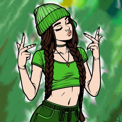 realistic teenage girl with braids and a beanie and crop top doing 🫶🏼