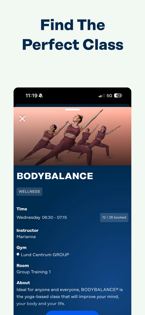 Fitness24Seven - Écran de l'application mobile montrant les détails d'un cours de fitness Bodybalance, y compris l'horaire et les informations sur l'instructeur