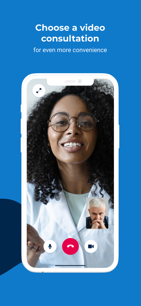 Doctolib - Your health partner - A smartphone screen showing a video consultation between a doctor and a patient on the Doctolib app