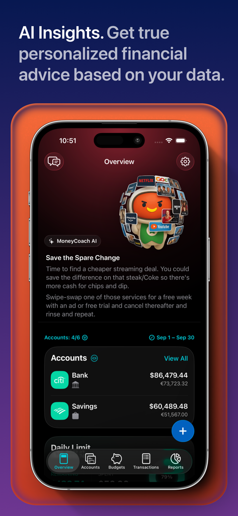 MoneyCoach: Budget Planner - Smartphone-Bildschirm mit der MoneyCoach App Übersicht mit KI-personalisierten Finanzratschlägen und Kontoständen