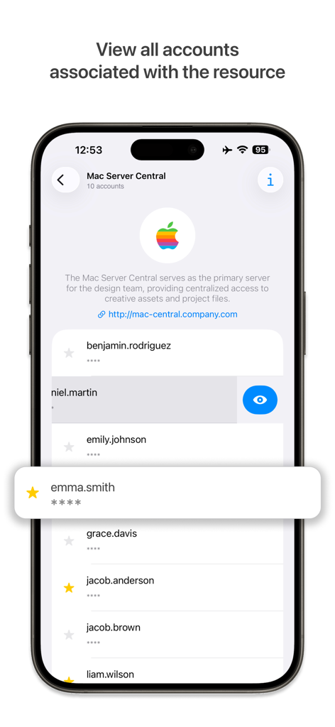 ManageEngine PAM360 mobile app interface showing a list of user accounts for a centralized Mac server resource.