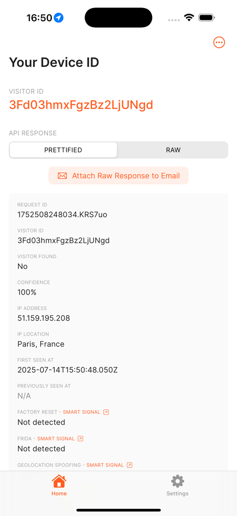 Screenshot of Fingerprint Pro app displaying unique visitor ID and security signal data like IP location and jailbreak status.