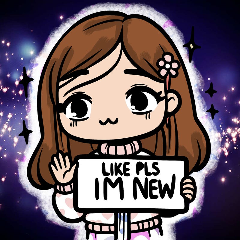 a girl holding a sign saying like pls im new!